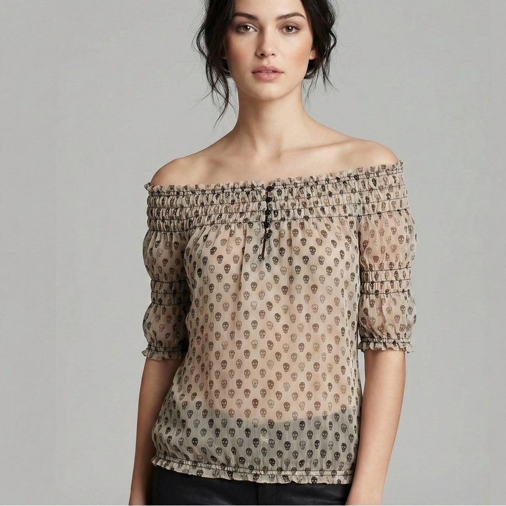 Zara Basic Skull Print Off-The-Shoulder Smocked Blouse